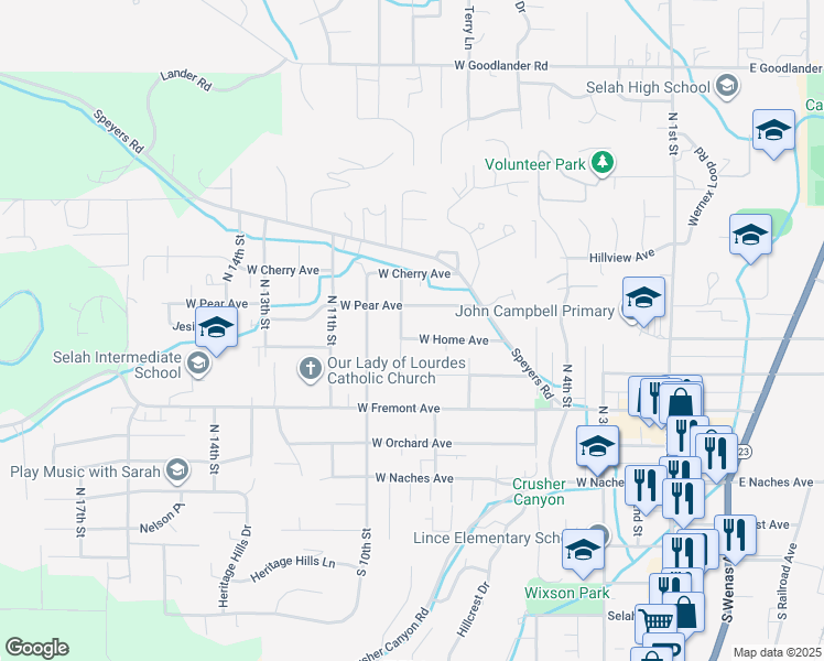 map of restaurants, bars, coffee shops, grocery stores, and more near 804 West Home Avenue in Selah
