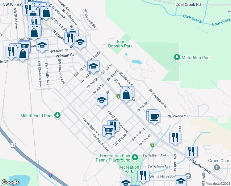 map of restaurants, bars, coffee shops, grocery stores, and more near 551 South Market Boulevard in Chehalis