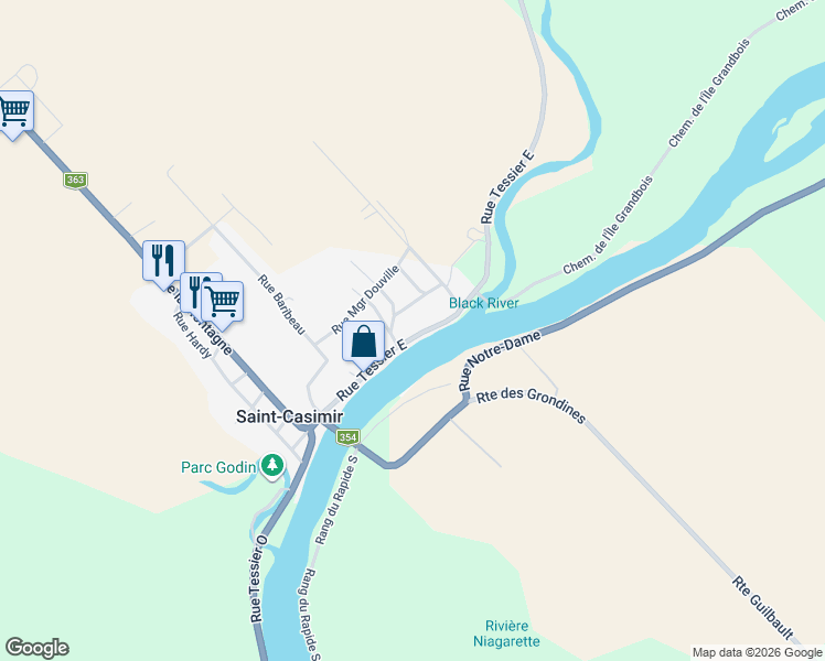 map of restaurants, bars, coffee shops, grocery stores, and more near 445 Rue Tessier Est in Saint-Casimir