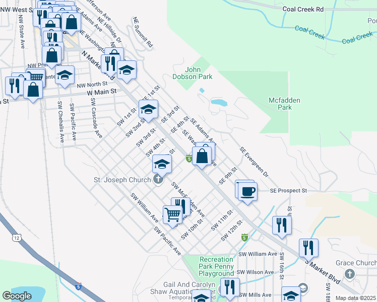 map of restaurants, bars, coffee shops, grocery stores, and more near 625 South Market Boulevard in Chehalis