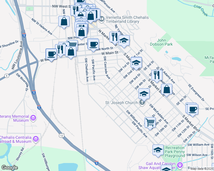 map of restaurants, bars, coffee shops, grocery stores, and more near 275 Southwest 1st Street in Chehalis
