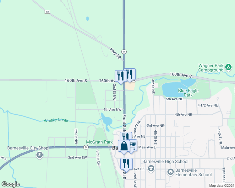 map of restaurants, bars, coffee shops, grocery stores, and more near 203 6th Avenue Northeast in Barnesville