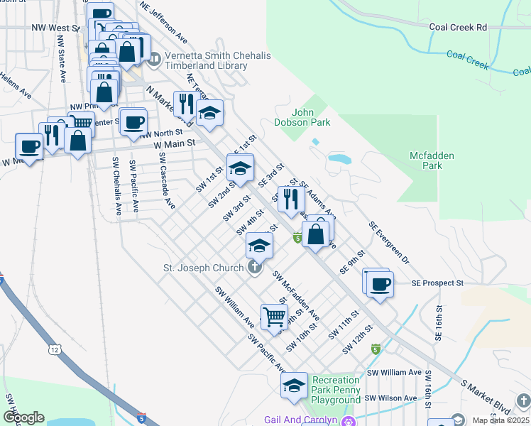 map of restaurants, bars, coffee shops, grocery stores, and more near 409 South Market Boulevard in Chehalis
