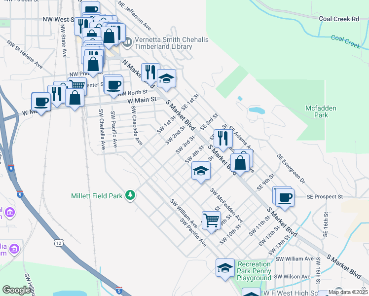 map of restaurants, bars, coffee shops, grocery stores, and more near 69 Southwest 3rd Street in Chehalis
