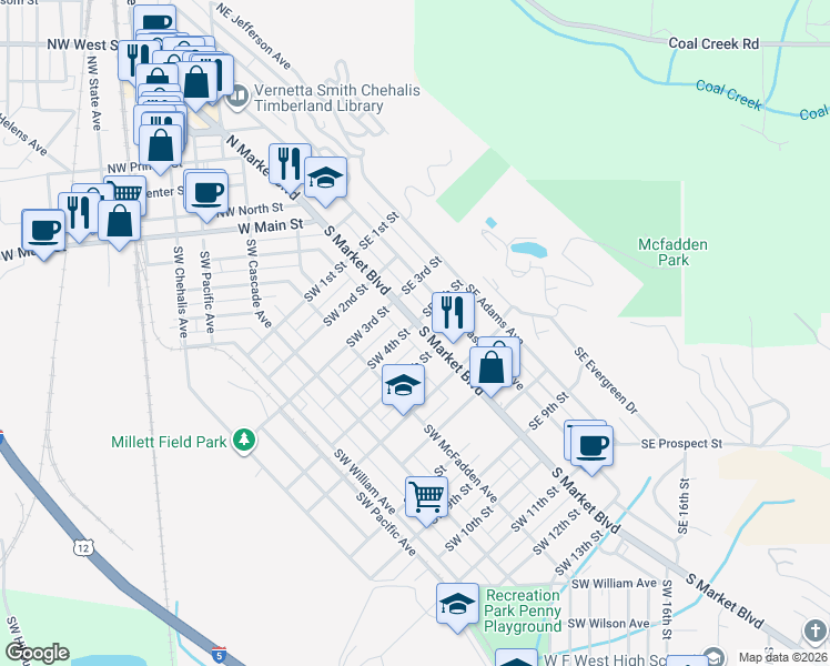 map of restaurants, bars, coffee shops, grocery stores, and more near 409 South Market Boulevard in Chehalis