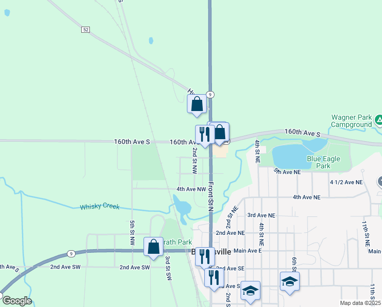 map of restaurants, bars, coffee shops, grocery stores, and more near 203 6th Avenue Northeast in Barnesville