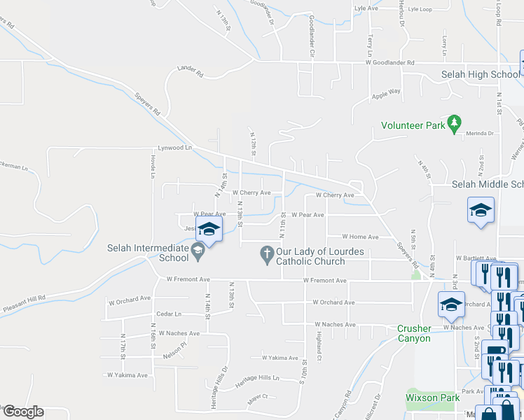 map of restaurants, bars, coffee shops, grocery stores, and more near 510 North 12th Street in Selah