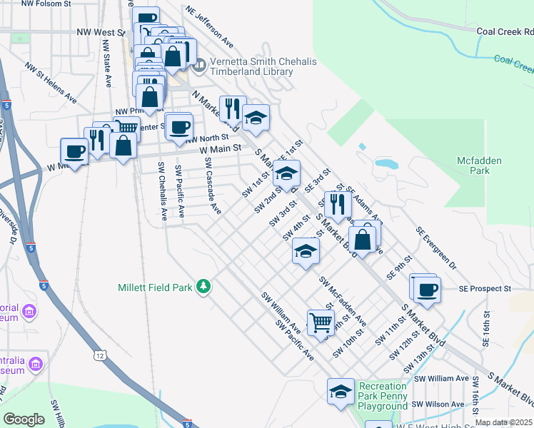 map of restaurants, bars, coffee shops, grocery stores, and more near 89 Southwest 3rd Street in Chehalis
