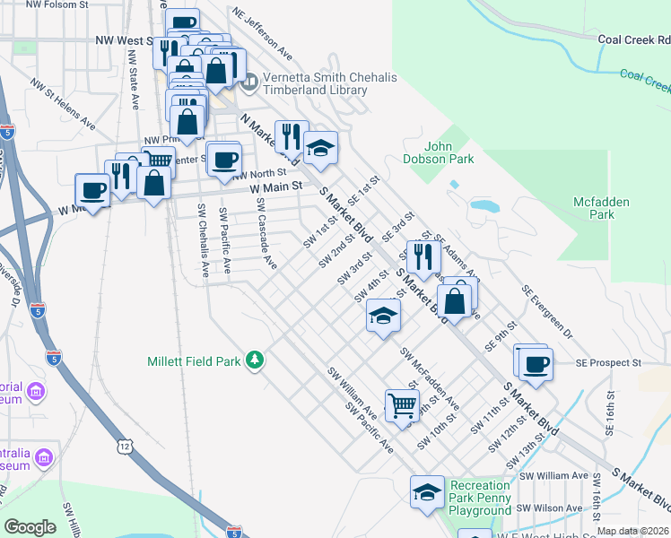 map of restaurants, bars, coffee shops, grocery stores, and more near 89 Southwest 3rd Street in Chehalis