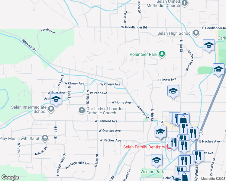 map of restaurants, bars, coffee shops, grocery stores, and more near 803 West Pear Avenue in Selah