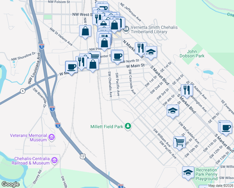 map of restaurants, bars, coffee shops, grocery stores, and more near 317 Southwest James Street in Chehalis
