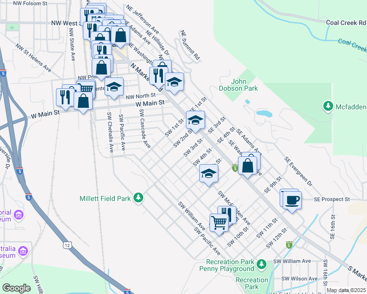 map of restaurants, bars, coffee shops, grocery stores, and more near 89 Southwest 3rd Street in Chehalis