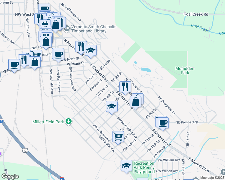 map of restaurants, bars, coffee shops, grocery stores, and more near 381 South Market Boulevard in Chehalis