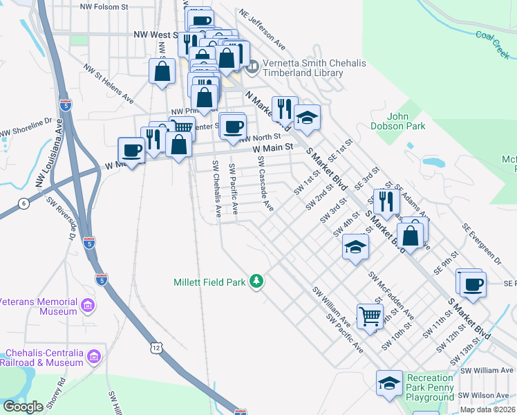 map of restaurants, bars, coffee shops, grocery stores, and more near 227 Southwest James Street in Chehalis