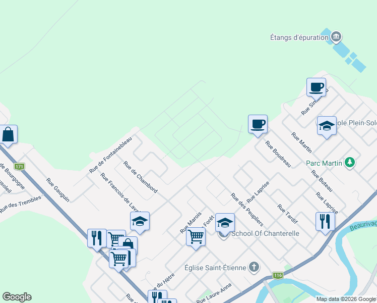 map of restaurants, bars, coffee shops, grocery stores, and more near 2837 Rue du Havre in Levis