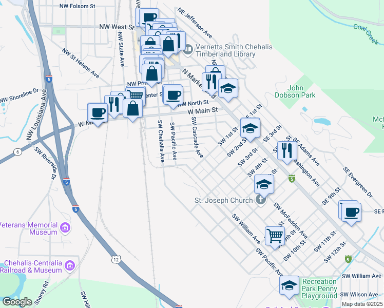 map of restaurants, bars, coffee shops, grocery stores, and more near 227 Southwest James Street in Chehalis