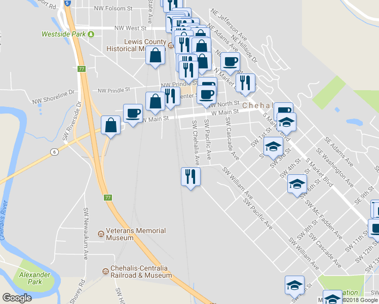 map of restaurants, bars, coffee shops, grocery stores, and more near 67 Southwest Chehalis Avenue in Chehalis