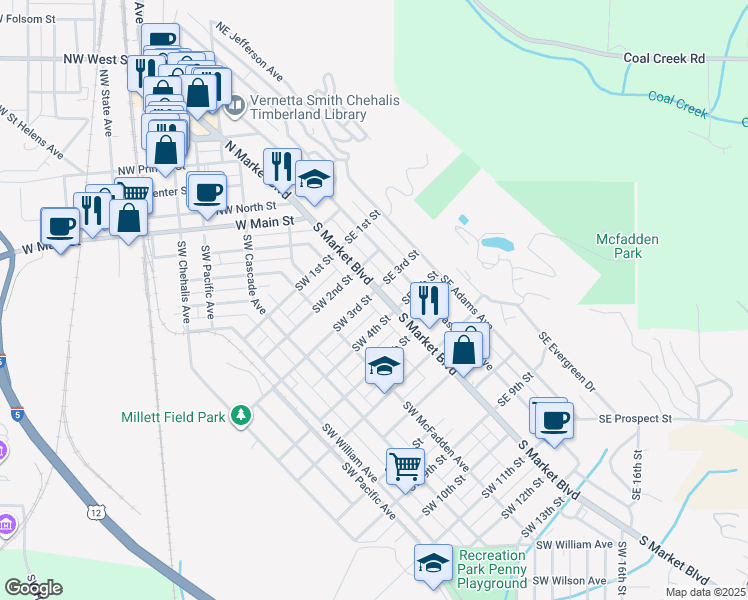 map of restaurants, bars, coffee shops, grocery stores, and more near 381 South Market Boulevard in Chehalis