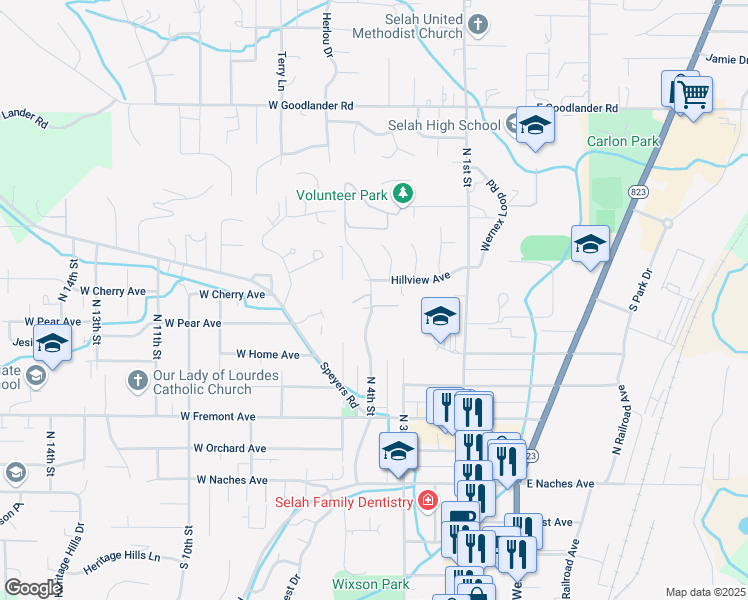 map of restaurants, bars, coffee shops, grocery stores, and more near 311 Sunway Drive in Selah