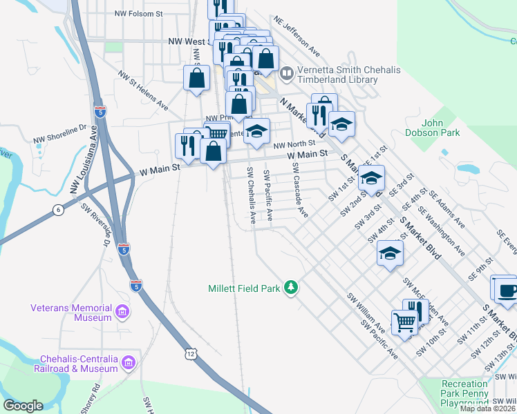 map of restaurants, bars, coffee shops, grocery stores, and more near 317 Southwest James Street in Chehalis