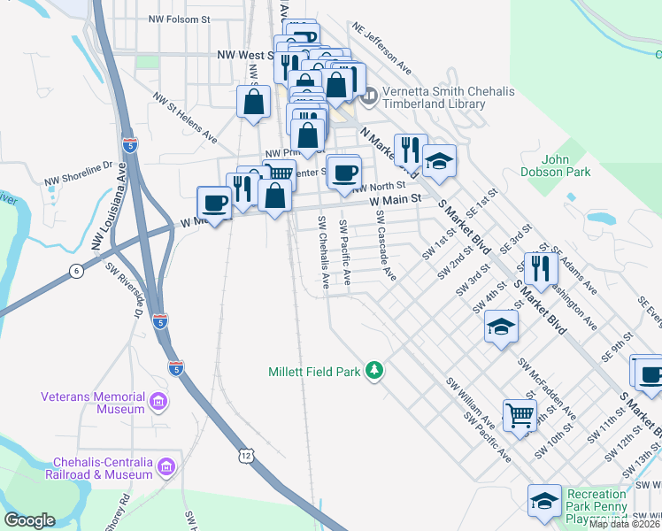 map of restaurants, bars, coffee shops, grocery stores, and more near 67 Southwest Chehalis Avenue in Chehalis