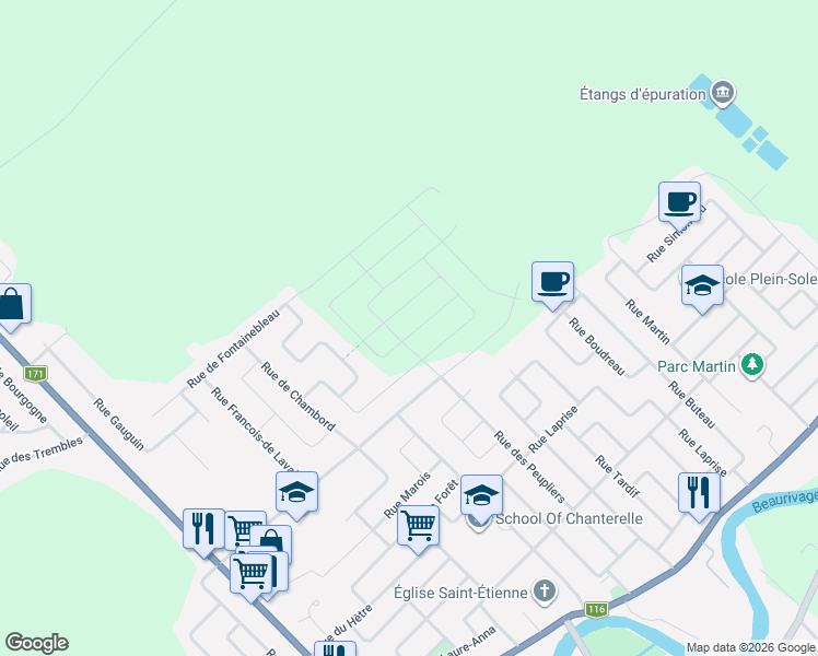 map of restaurants, bars, coffee shops, grocery stores, and more near 2854 Rue du Havre in Levis