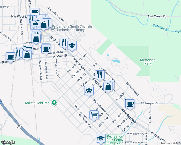 map of restaurants, bars, coffee shops, grocery stores, and more near 381 South Market Boulevard in Chehalis