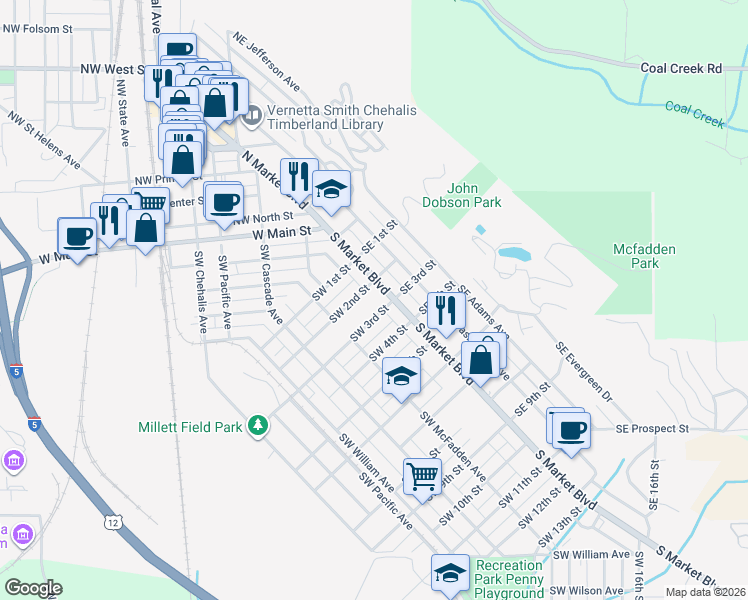 map of restaurants, bars, coffee shops, grocery stores, and more near 69 Southwest 3rd Street in Chehalis