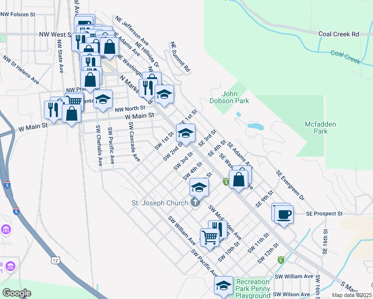 map of restaurants, bars, coffee shops, grocery stores, and more near 233 South Market Boulevard in Chehalis