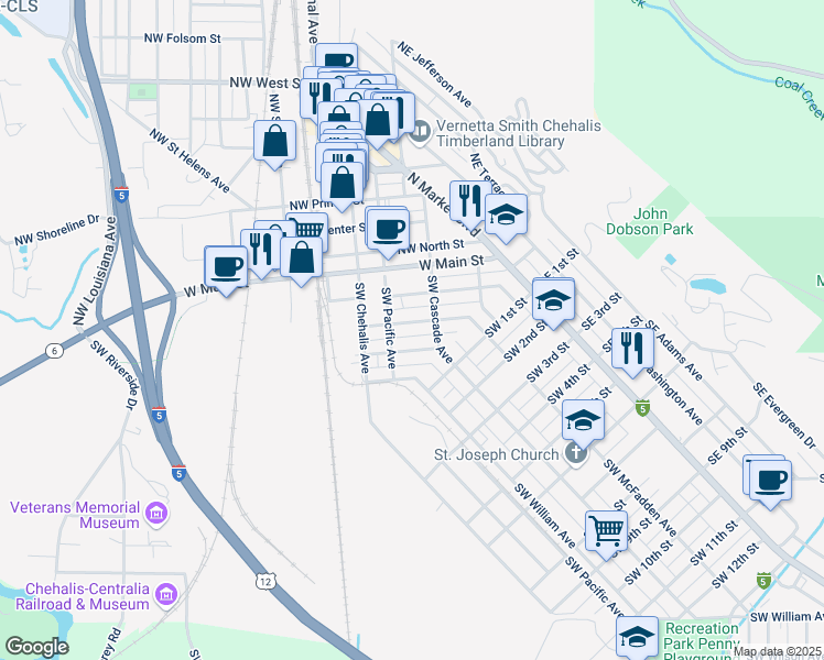 map of restaurants, bars, coffee shops, grocery stores, and more near 43 Southwest Cascade Avenue in Chehalis