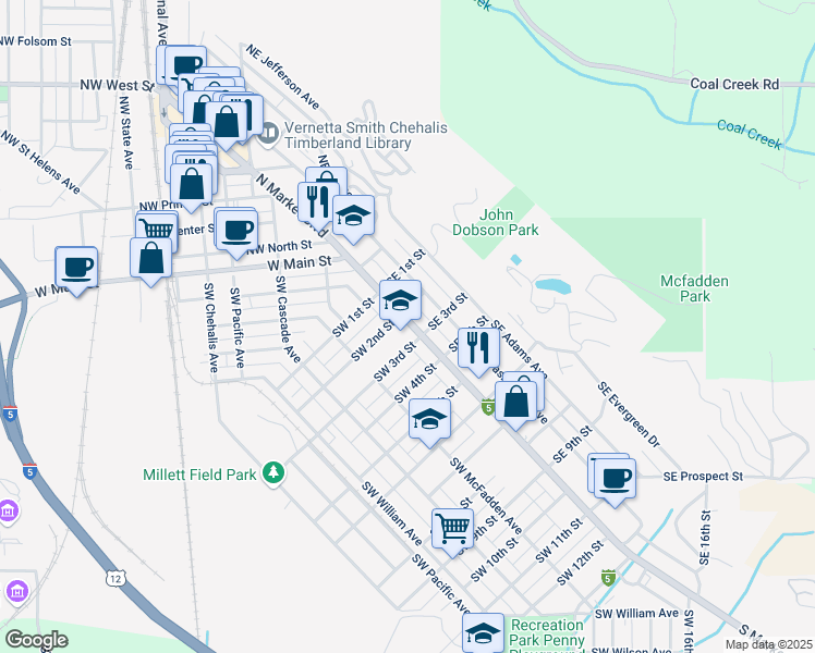 map of restaurants, bars, coffee shops, grocery stores, and more near 233 South Market Boulevard in Chehalis