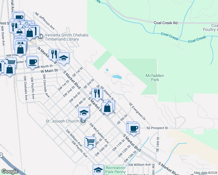 map of restaurants, bars, coffee shops, grocery stores, and more near 648 Southeast Dobson Court in Chehalis