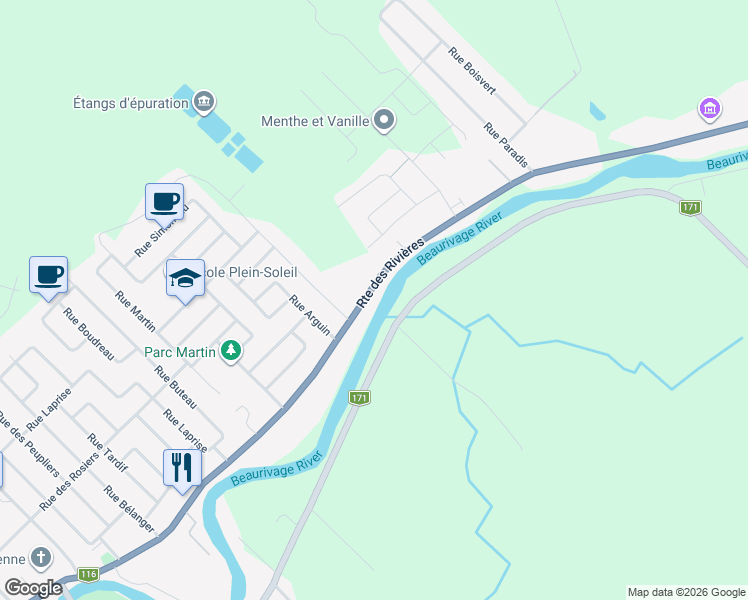 map of restaurants, bars, coffee shops, grocery stores, and more near 3820 Route des Rivières in Lévis