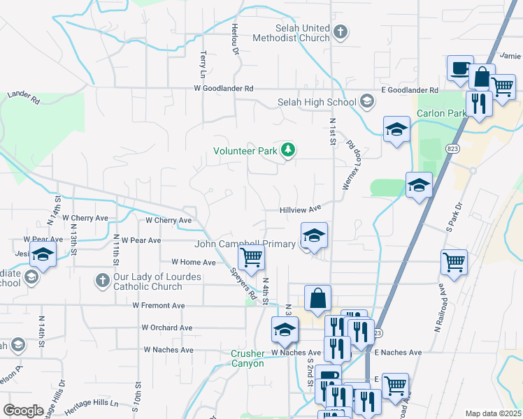 map of restaurants, bars, coffee shops, grocery stores, and more near 350 Hillview Avenue in Selah