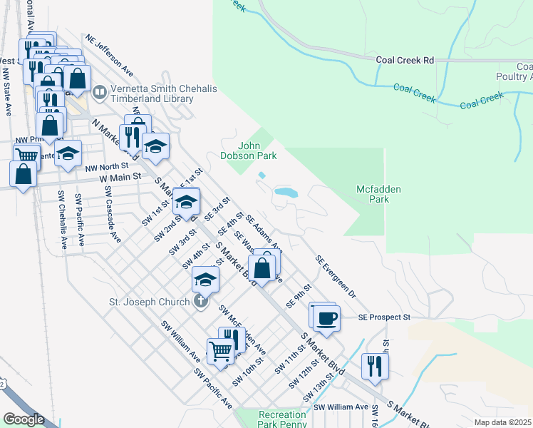 map of restaurants, bars, coffee shops, grocery stores, and more near 648 Southeast Dobson Court in Chehalis