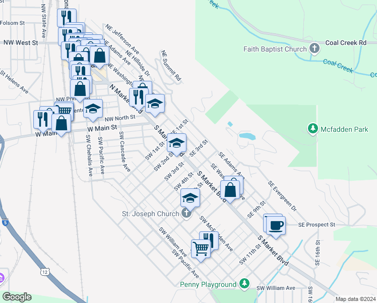 map of restaurants, bars, coffee shops, grocery stores, and more near 245 Southeast Washington Avenue in Chehalis