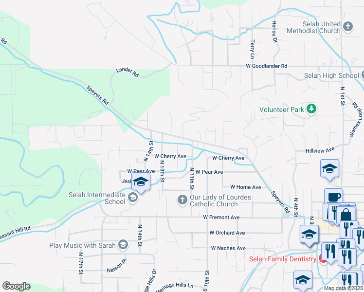 map of restaurants, bars, coffee shops, grocery stores, and more near 605 N 12th St in Selah