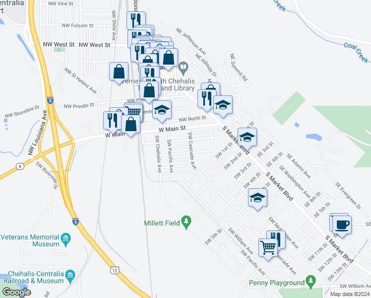 map of restaurants, bars, coffee shops, grocery stores, and more near 225 Southwest Lewis Street in Chehalis