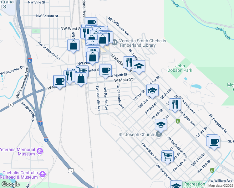 map of restaurants, bars, coffee shops, grocery stores, and more near 43 Southwest Cascade Avenue in Chehalis