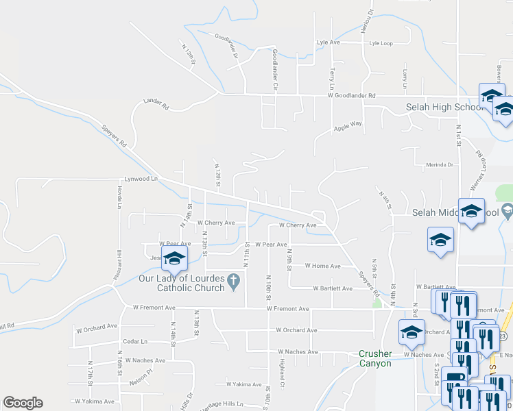 map of restaurants, bars, coffee shops, grocery stores, and more near 1004 Speyers Road in Selah
