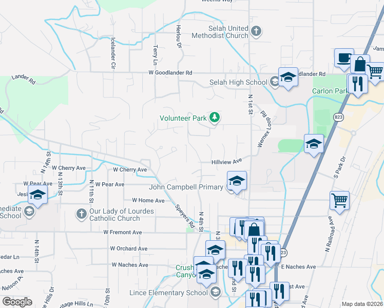 map of restaurants, bars, coffee shops, grocery stores, and more near 508 N 4th St in Selah