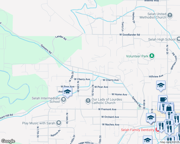map of restaurants, bars, coffee shops, grocery stores, and more near 605 North 12th Street in Selah