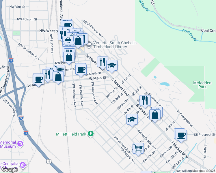 map of restaurants, bars, coffee shops, grocery stores, and more near 48 Southwest 1st Street in Chehalis