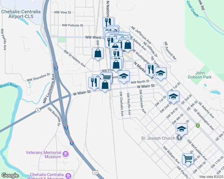 map of restaurants, bars, coffee shops, grocery stores, and more near 210 Northwest Railroad Avenue in Chehalis