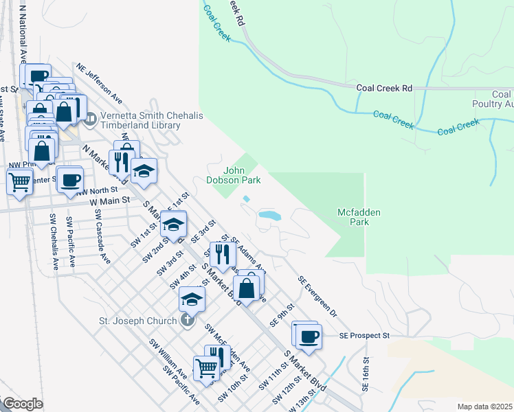 map of restaurants, bars, coffee shops, grocery stores, and more near 278 Southeast Adams Avenue in Chehalis