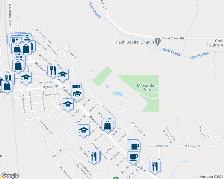 map of restaurants, bars, coffee shops, grocery stores, and more near 278 Southeast Adams Avenue in Chehalis