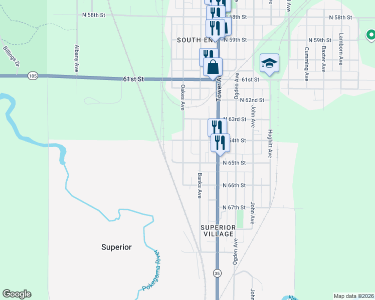 map of restaurants, bars, coffee shops, grocery stores, and more near 6405 Oakes Avenue in Superior