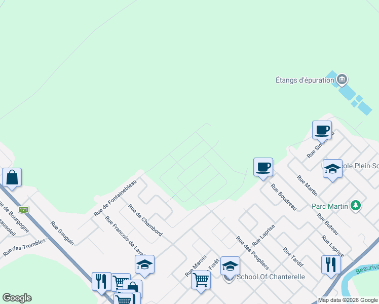 map of restaurants, bars, coffee shops, grocery stores, and more near Rue du Havre in Levis