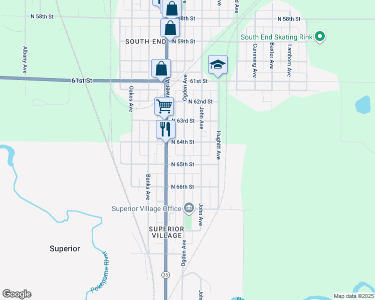 map of restaurants, bars, coffee shops, grocery stores, and more near 6414 Ogden Avenue in Superior