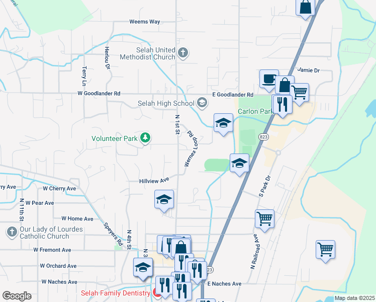 map of restaurants, bars, coffee shops, grocery stores, and more near 611 North 1st Street in Selah